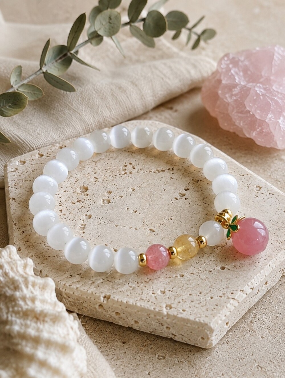 Cat's Eye Strawberry Quartz Citrine Bracelet Peach Charm Coquette Balletcore 6"